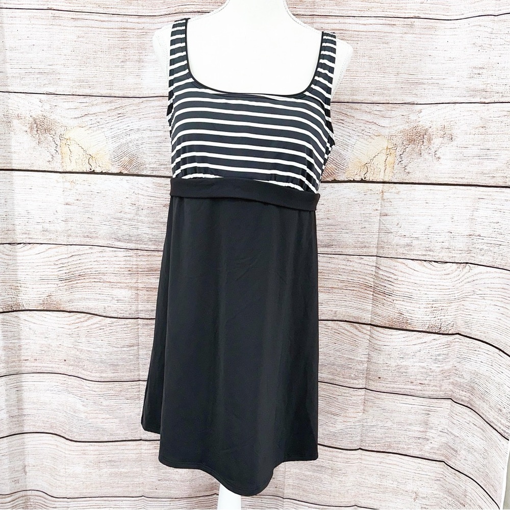 Lands' End Black and White Stripes Sleeveless Swim Dress SIze 14L